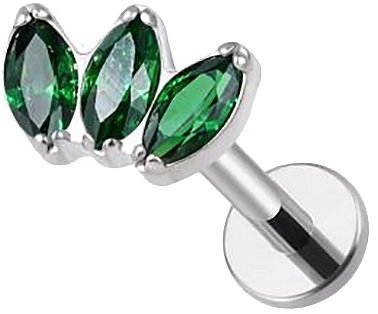 PININ Labreta s plochou zadní částí, vnitřní závit, leštěná – 3 zelené kamínky - Piercing - Main image