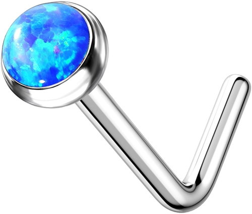 PININ Nosní kroužek ve tvaru L, leštěný – titan stříbrný s velkým modrým kamínkem - Piercing - Main image