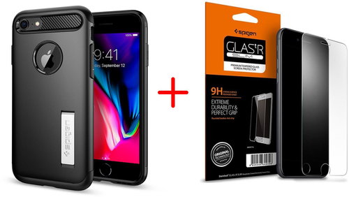 Spigen Slim Armor, Black + Spigen Glas.tR SLIM HD 1 Pack Bundle - Phone Cover - Main image