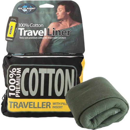 Sea to Summit Cotton Travel liner - Traveler with Pillow Eucaliptus green - Sleeping Bag Liner - Main image