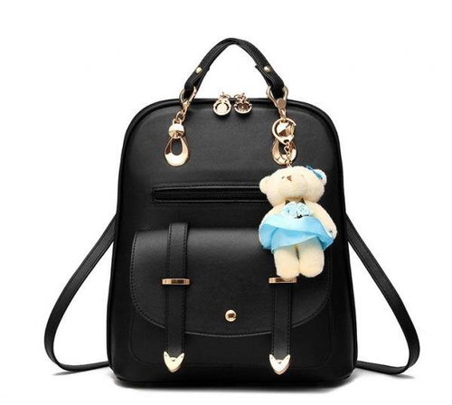 MDS Elegant eco leather backpack with teddy bear pendant black - Backpack - Main image