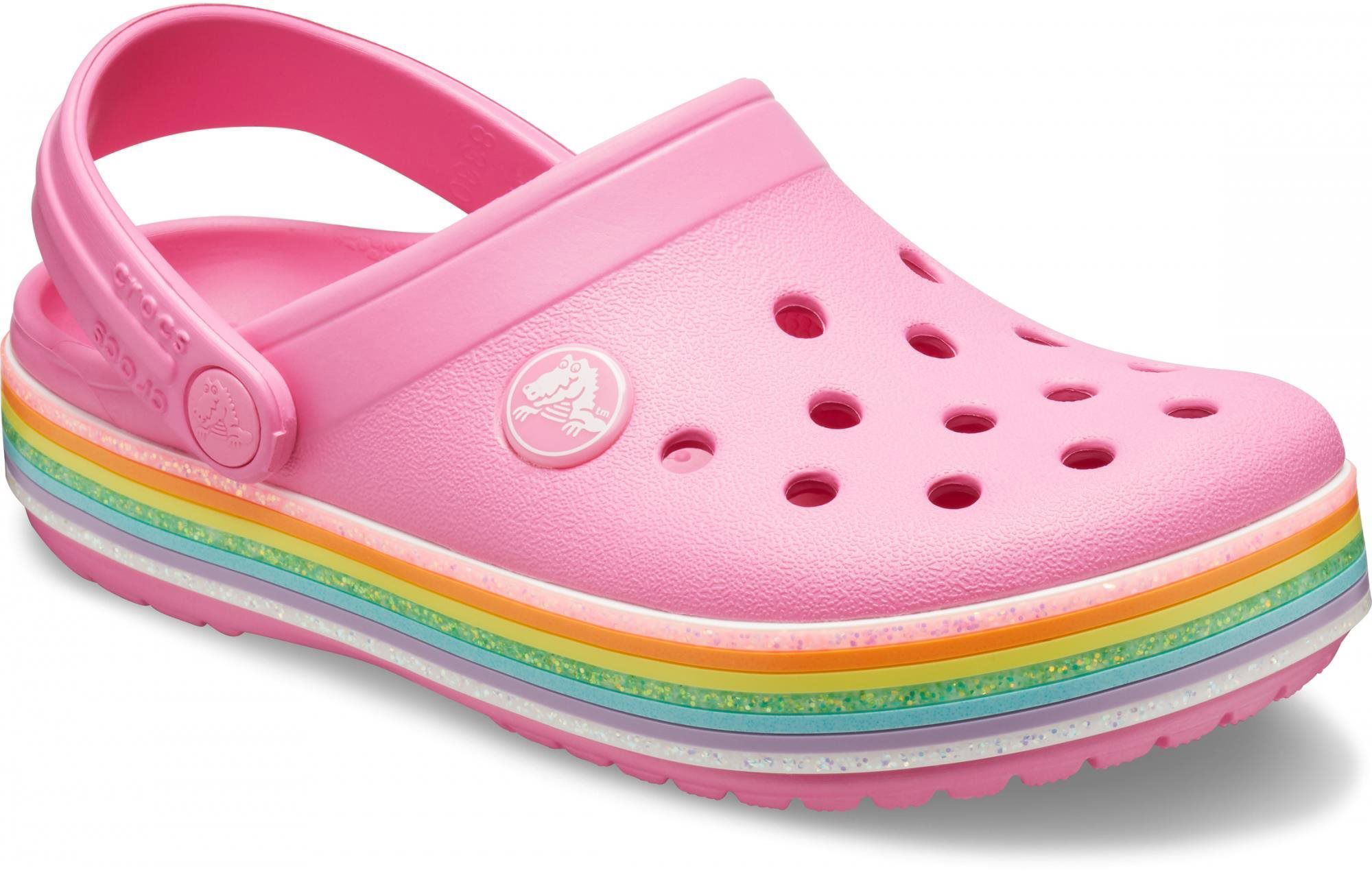 White crocs with crocs on the side in rainbow hot sale