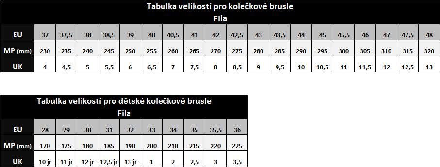 Fila big kid sales size chart