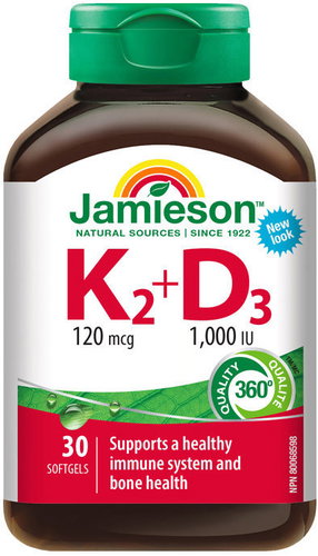 Jamieson Vitamin K2 120 mcg and D3 1,000 IU 30 Capsules - Vitamins - Main image