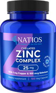 NATIOS Zinc Chelated Complex, Zinek, selen a měď, 25 mg, 100 veganských kapslí - Minerály