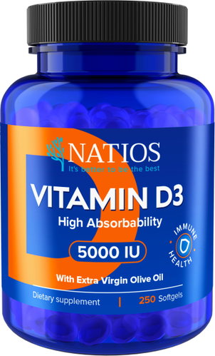 NATIOS Vitamin D3, Highly Absorbable, 5000 IU, 250 softgel capsules (with olive oil) - Vitamin D3 - Main image