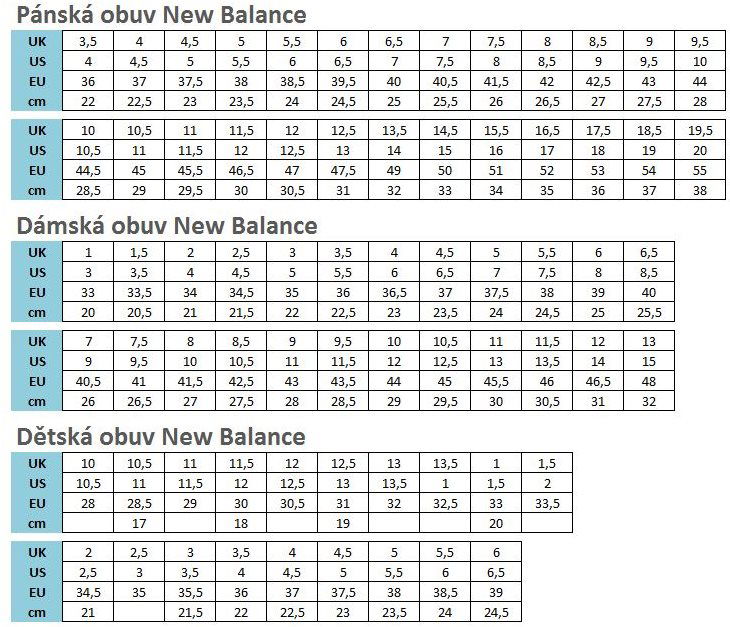 New balance women's shoe size chart sale