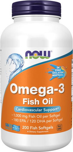 NOW FOODS Omega 3, Molecularly distilled, 1000 mg, 200 fish softgel capsules - Omega 3 - Main image