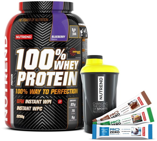 Nutrend 100% Whey Protein, 2250g, blueberry + shaker Nutrend black-yellow + 3x PROZERO 65g - Kit - Main image
