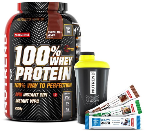 Nutrend 100% Whey Protein, 2250g, chocolate, cocoa + Shaker Nutrend black-yellow + 3x PROZERO 65g - Kit - Main image