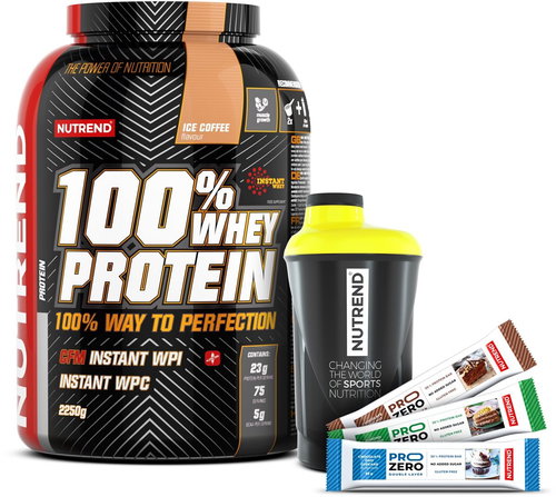 Nutrend 100% Whey Protein, 2250g, ice coffee + shaker Nutrend black-yellow + 3x PROZERO 65g - Kit - Main image