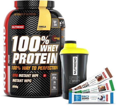 Nutrend 100% Whey Protein, 2250g, vanilla + shaker Nutrend black-yellow + 3x PROZERO 65g - Kit - Main image