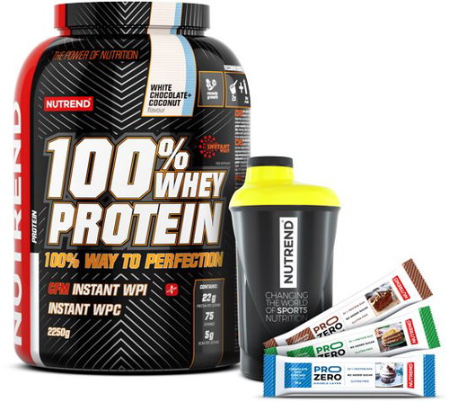 Nutrend 100% Whey Protein, 2250 G, White chocolate with coconut + shaker Nutrend black-yellow + 3x P - Kit - Main image