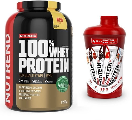 Nutrend 100% Whey Protein 2250 g, vanilka + MULTIPACK Protein bar + šejkr, 4 x 55 g + 600 ml - Sada - Main image
