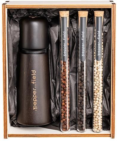 .pepper..field Skandinávský černý mlýnek se sadou zkumavek s Kampotským pepřem v dárkové krabičce (3 - Gift Set - Main image