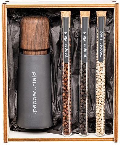 .pepper..field Skandinávský šedý designový mlýnek se sadou zkumavek s Kampotským pepřem v dárkové kr - Gift Set - Main image