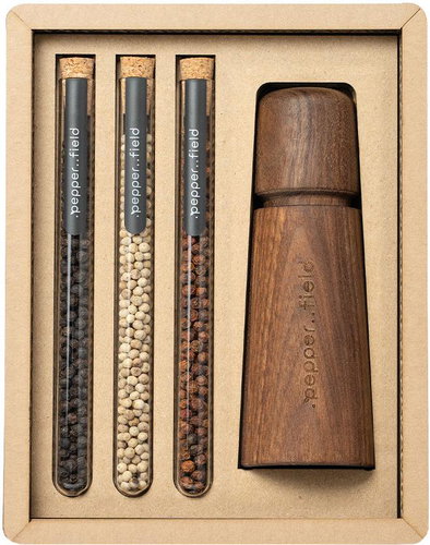 . pepper field Brown wooden grinder with set of tubes with Kampot pepper 3 × 10 g - Gift Set - Main image