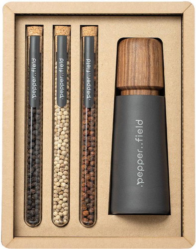 . pepper field Grey porcelain grinder with set of tubes with Kampot pepper 3 × 10 g - Gift Set - Main image