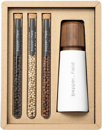 . pepper field White porcelain grinder with a set of tubes with Kampot pepper 3 × 10 g - Gift Set - Main image