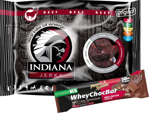 Indiana Jerky Beef Original, 100g + FREE Power System Whey Choc Bar - Dried Meat - Main image