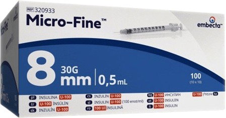 Embecta Micro-Fine U-100 inzulinová stříkačka 8 mm 0,5 ml 100 ks - Stříkačky - Main image