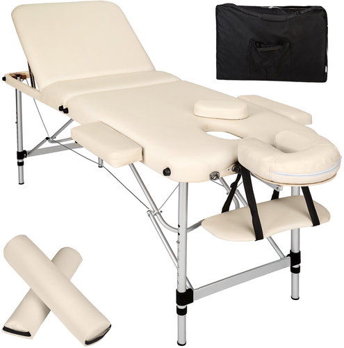 Folding massage lounger with bag and wheels 3 zones beige - Massage Table - Main image