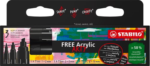 STABILO FREE Acrylic, black - pack of 3 with 3 different tips T100, T300, T800C - Markers - Main image