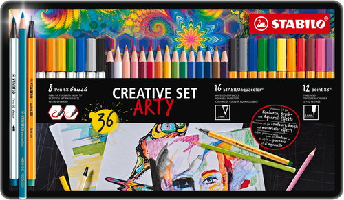 STABILO CREATIVE SET ARTY - STABILO aquacolour, Pen 68 brush, point 88, metal case 36 pcs - Art Supplies - Main image