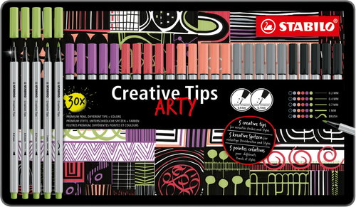 STABILO Creative Tips ARTY - Set mit 30 Stück in einer Blechdose (6 Farben Pastell) - Finelinerstifte - Hauptbild