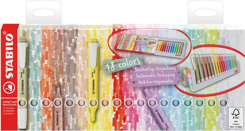 STABILO swing cool - Schreibtischset 18 Stück (8 Naturfarben, 10 Pastellfarben) - Textmarker - Hauptbild