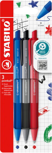 STABILO pointball colorful, blau, schwarz und rot - 3er Set - Kugelschreiber - Hauptbild