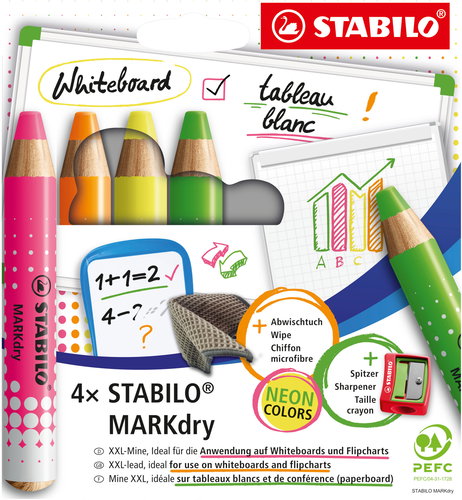 STABILO MARKdry Neon száraz, whiteboardra és flipchartra, neon színek - 4 darabos készlet ceruzahegy - Filctoll készlet - Fő fotó