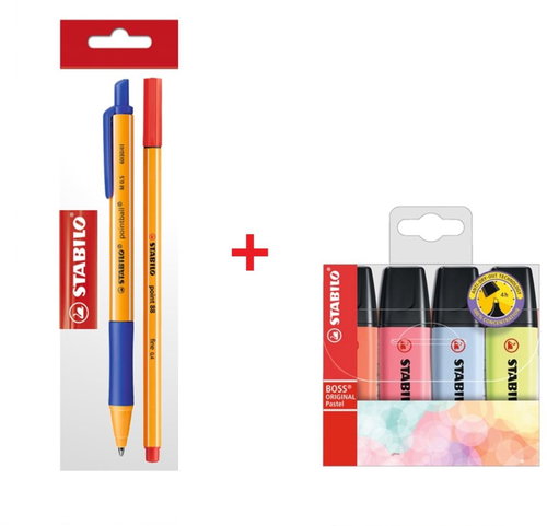 STABILO Kugelschreiber Pointball, blau + Liner Point 88, rot + BOSS ORIGINAL Textmarker, 4 Stück - Schreibutensilien-Set - Hauptbild