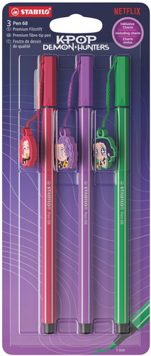 STABILO Pen 68 KPop Demon Hunters – 3-pack blister pack – with Rumi, Mira and Zoey keyrings - Felt Tip Pens - Main image