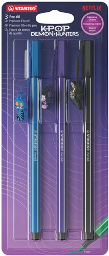STABILO Pen 68 KPop Demon Hunters – pack of 3 in a blister pack – with Derpy, Sussie and Demon Jinu  - Felt Tip Pens - Main image