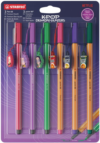 STABILO x KPop Demon Hunters – 6-pack blister pack – featuring Rumi, Mira and Zoey keyrings and thei - Felt Tip Pens - Main image
