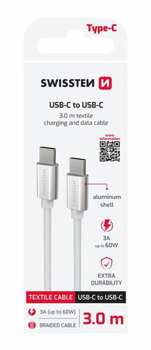 Swissten Textile USB-C / USB-C 3,0 m Silber - Datenkabel - Hauptbild