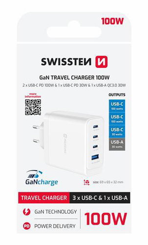 Swissten GaN 2x USB-C PD 100W +1x USB-C PD 20W + 1x USB-A QC 30W QC White - Wall Charger - Main image