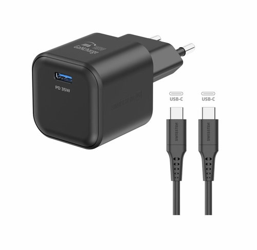 Swissten Power Adapter GaN 1x USB-C 35W Power Delivery + USB-C/USB-C Data Cable 1.2m Black Main image Swissten Power Adapter GaN 1x USB-C 35W Power Delivery + USB-C/USB-C Data Cable 1.2m Black - Wall Charger - Main image