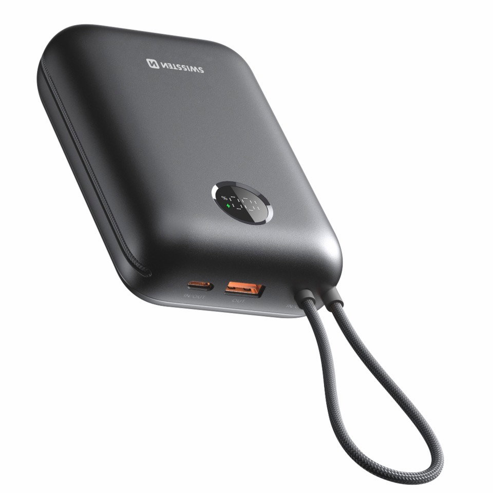 Swissten Voltbox 35W 30000 mAh s integrovanými kabely USB-C a Lightning černá
