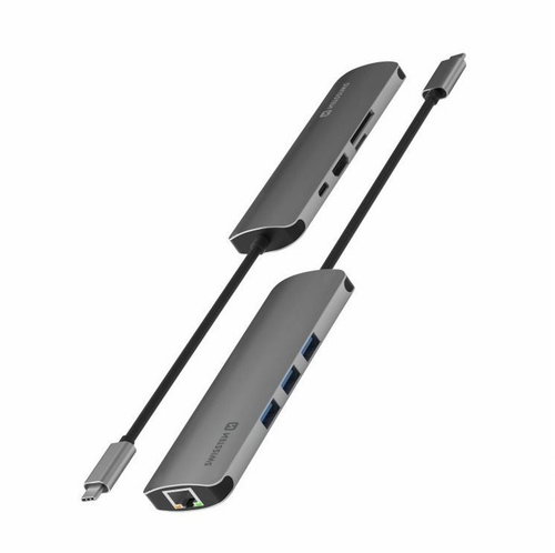 Swissten USB-C HUB 8-IN-1 (USB-C PD, HDMI 4K, LAN RJ45, 3x USB 3.0, SD, MICRO SD) Aluminium - Docking Station - Main image