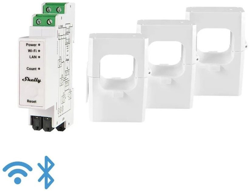 Shelly Pro 3EM Fogyasztásmérő, 3 db 400 A-es áramváltóval, WiFi