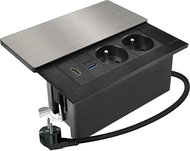 Solight built-in socket block with sliding cover, 2 sockets, HDMI, USB A+C 20W PD, 2 m, silver - Surge Protection Socket Strip