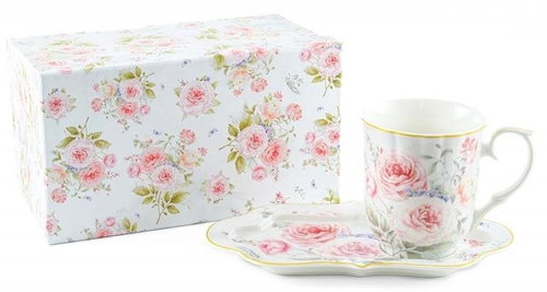 Home Elements Porcelain mug 360 ml with coaster, Rose - Mug - Main image