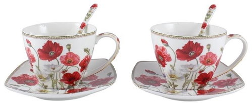 Home Elements Set dvou šálků s podšálky a lžičkami Máky bílé - Set of Cups - Main image