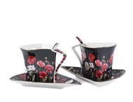 Home Elements Set dvou šálků s trojúhelníkovými podšálky a lžičkami Máky černé - Set of Cups