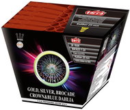 Tarra Fireworks - gold, silver, brocade crown&blue dahlia 36 shots - Fireworks