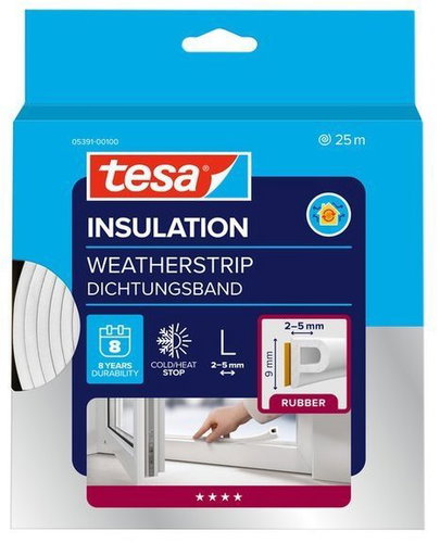 tesa® Insulating self-adhesive gasket - rubber, profile P, 25 m × 9 mm × 5.5 mm, white - Window Seals - Main image
