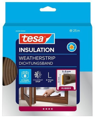 tesa® Insulating self-adhesive gasket - rubber, profile P, 25 m × 9 mm × 5.5 mm, brown - Window Seals - Main image