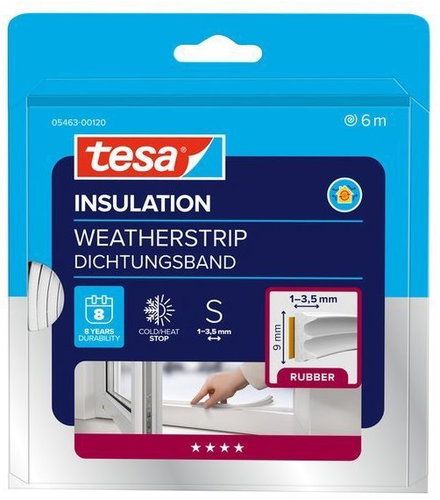 tesa® Insulating self-adhesive gasket - rubber, profile E, 6 m × 9 mm × 4 mm, white - Window Seals - Main image